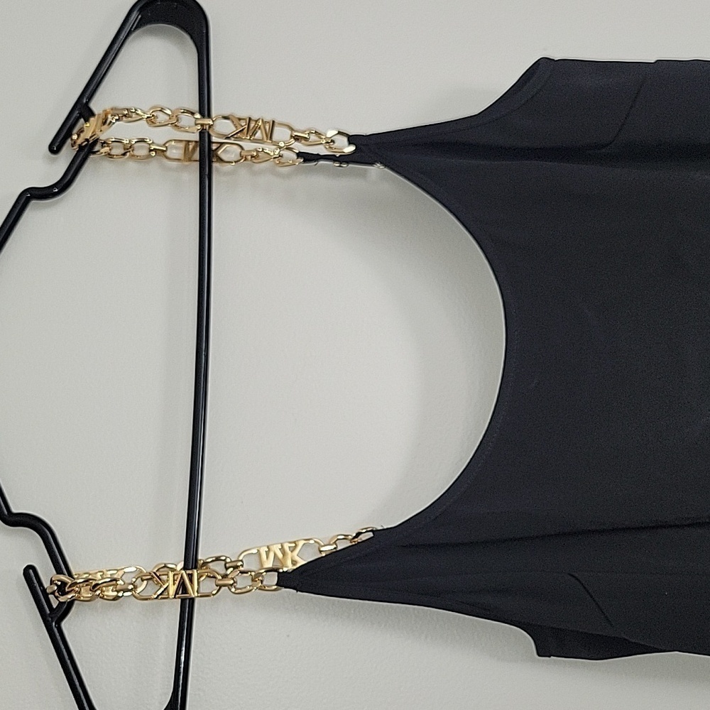 Michael Kors Black Satin Gold Monogram Chain Strap Dress Sz S NWOT